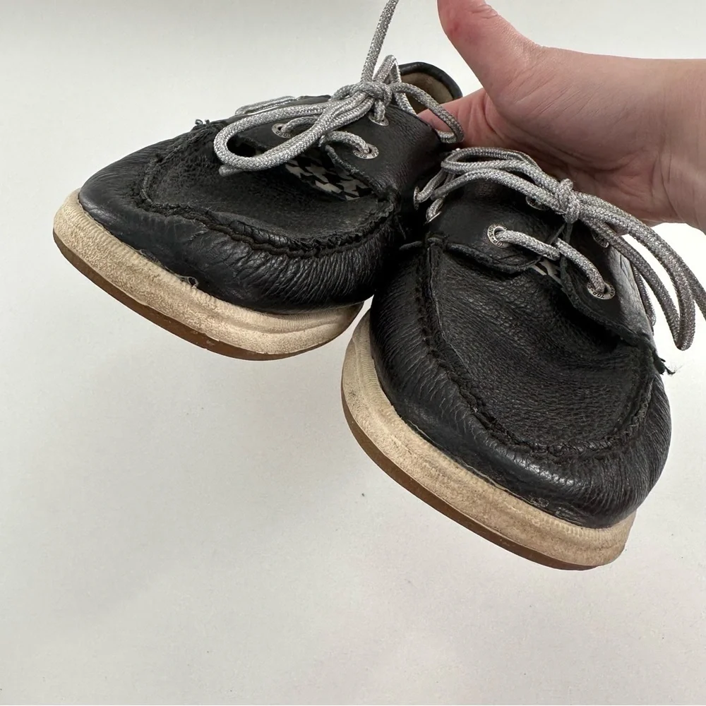 Sperry womens flats size 9.5 navy silver leather houndstooth preppy Boatshoes